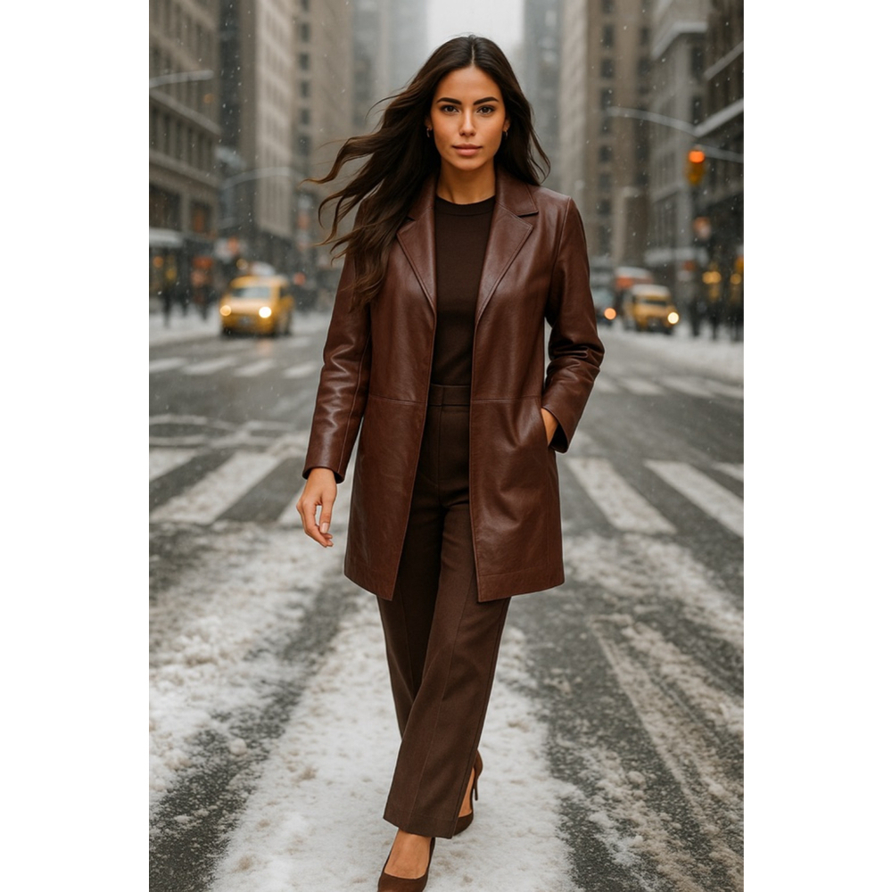 Anne Klein Leather Long Coat Brown Made in Korea Open Front Minimalist Classic L